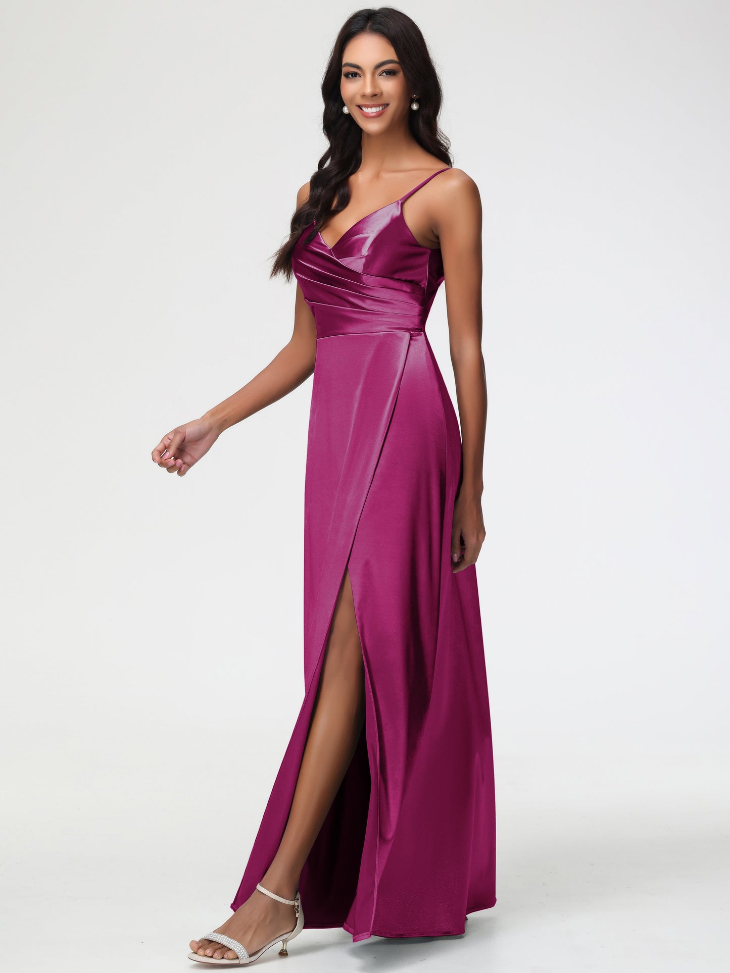 Fuchsia Color Bridesmaid Dress Spaghetti Straps Pleated Sleeveless V-Neck Long Stretch Satin Bridesmaid Dresses