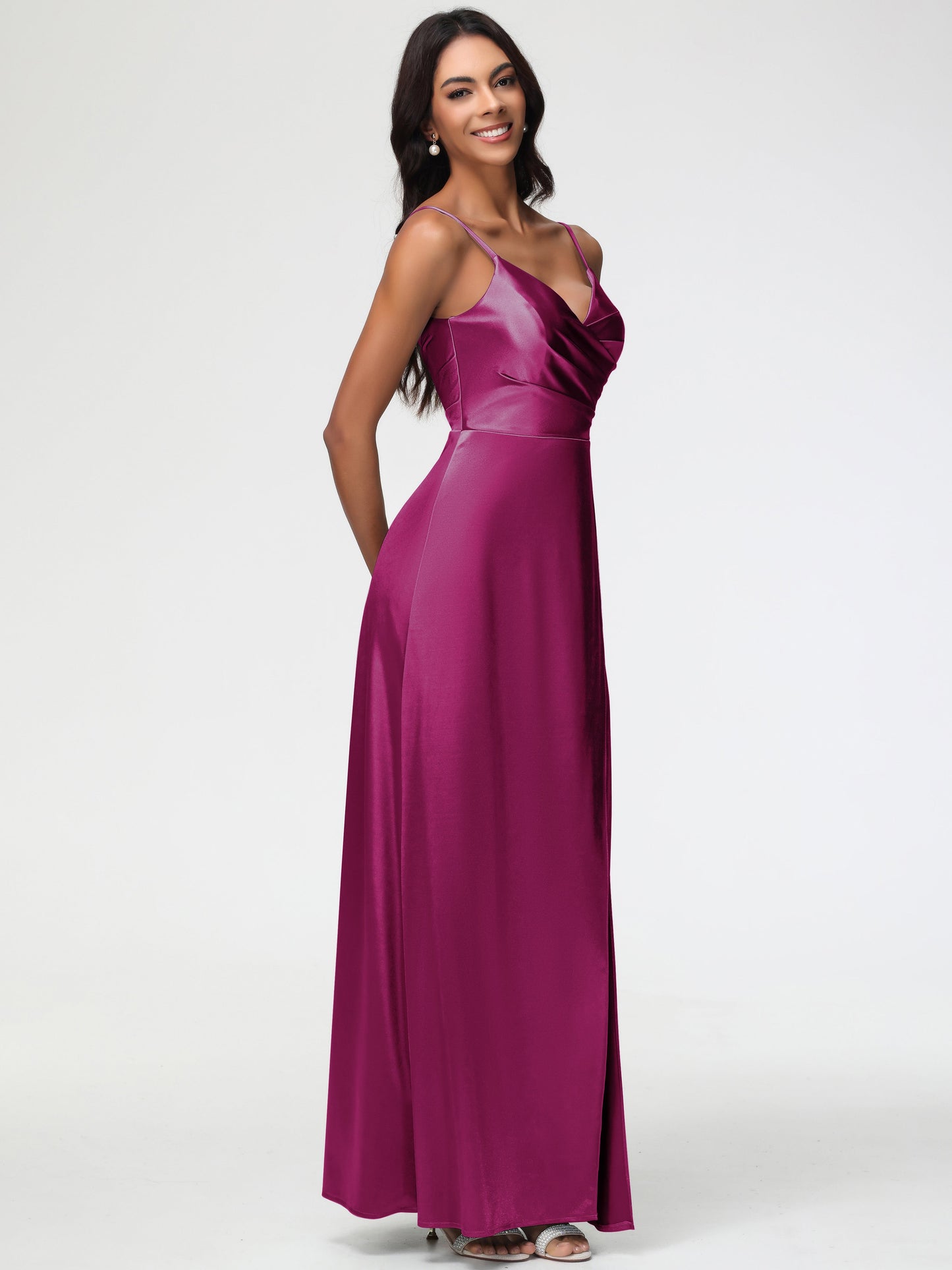 Fuchsia Color Bridesmaid Dress Spaghetti Straps Pleated Sleeveless V-Neck Long Stretch Satin Bridesmaid Dresses