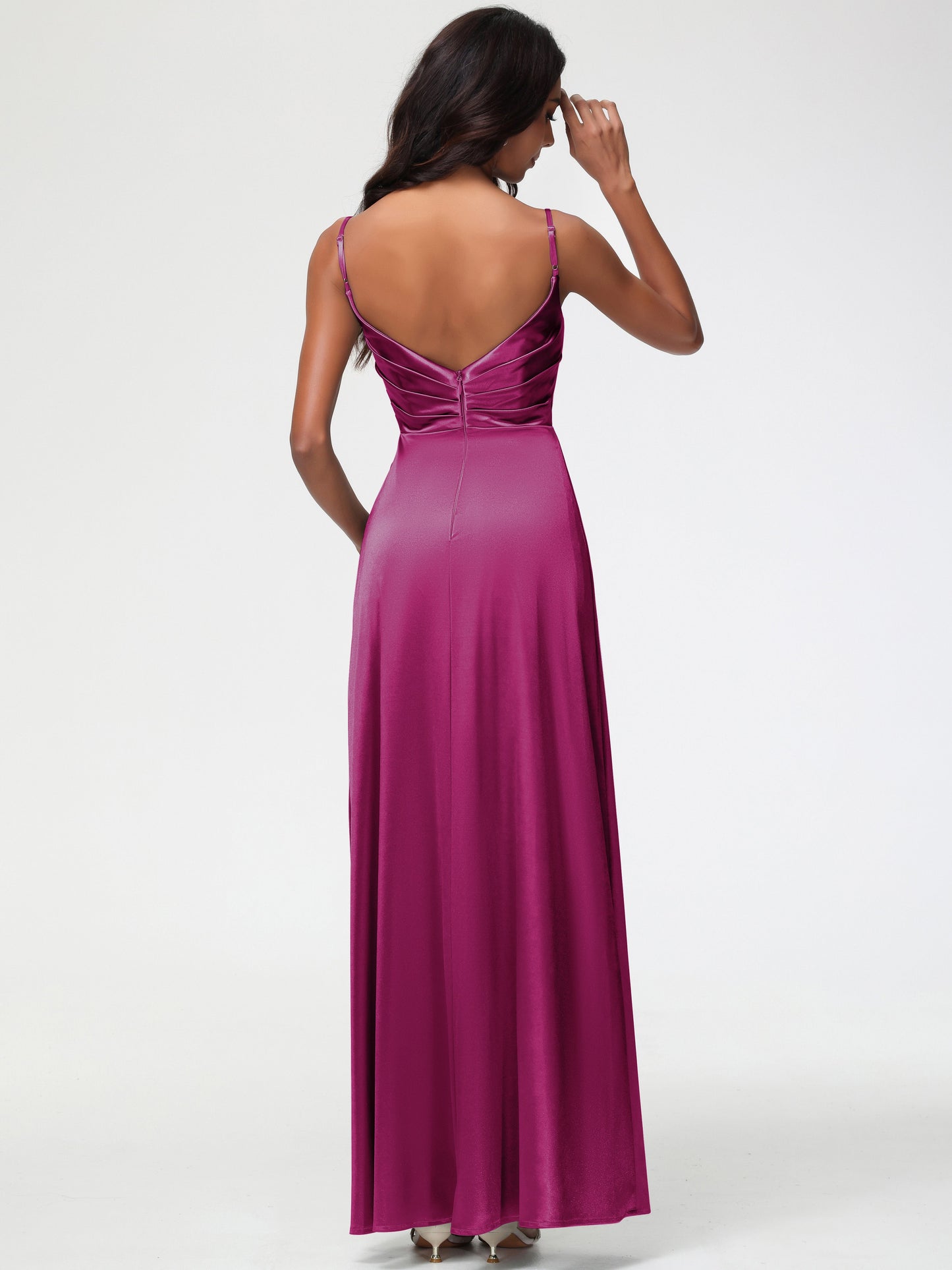 Fuchsia Color Bridesmaid Dress Spaghetti Straps Pleated Sleeveless V-Neck Long Stretch Satin Bridesmaid Dresses