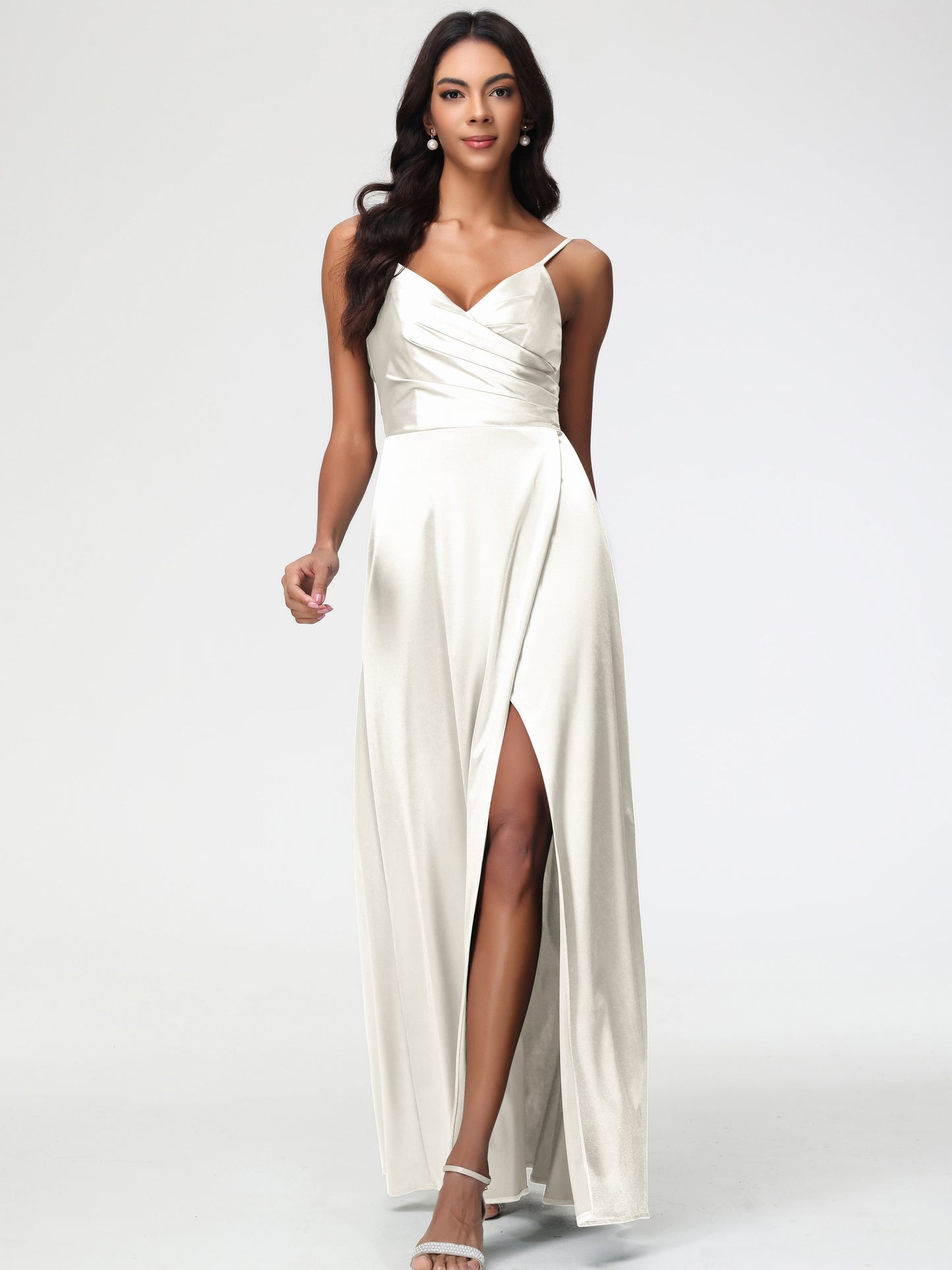 Ivory Colour Bridesmaid Dresses Spaghetti Straps Pleated Sleeveless V-Neck Long Stretch Satin Bridesmaid Dresses