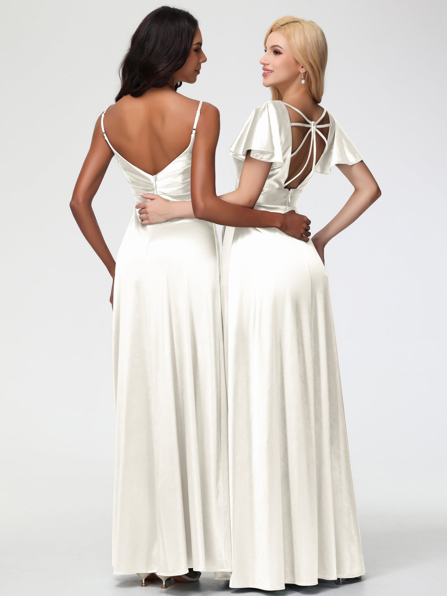 Ivory Colour Bridesmaid Dresses Spaghetti Straps Pleated Sleeveless V-Neck Long Stretch Satin Bridesmaid Dresses