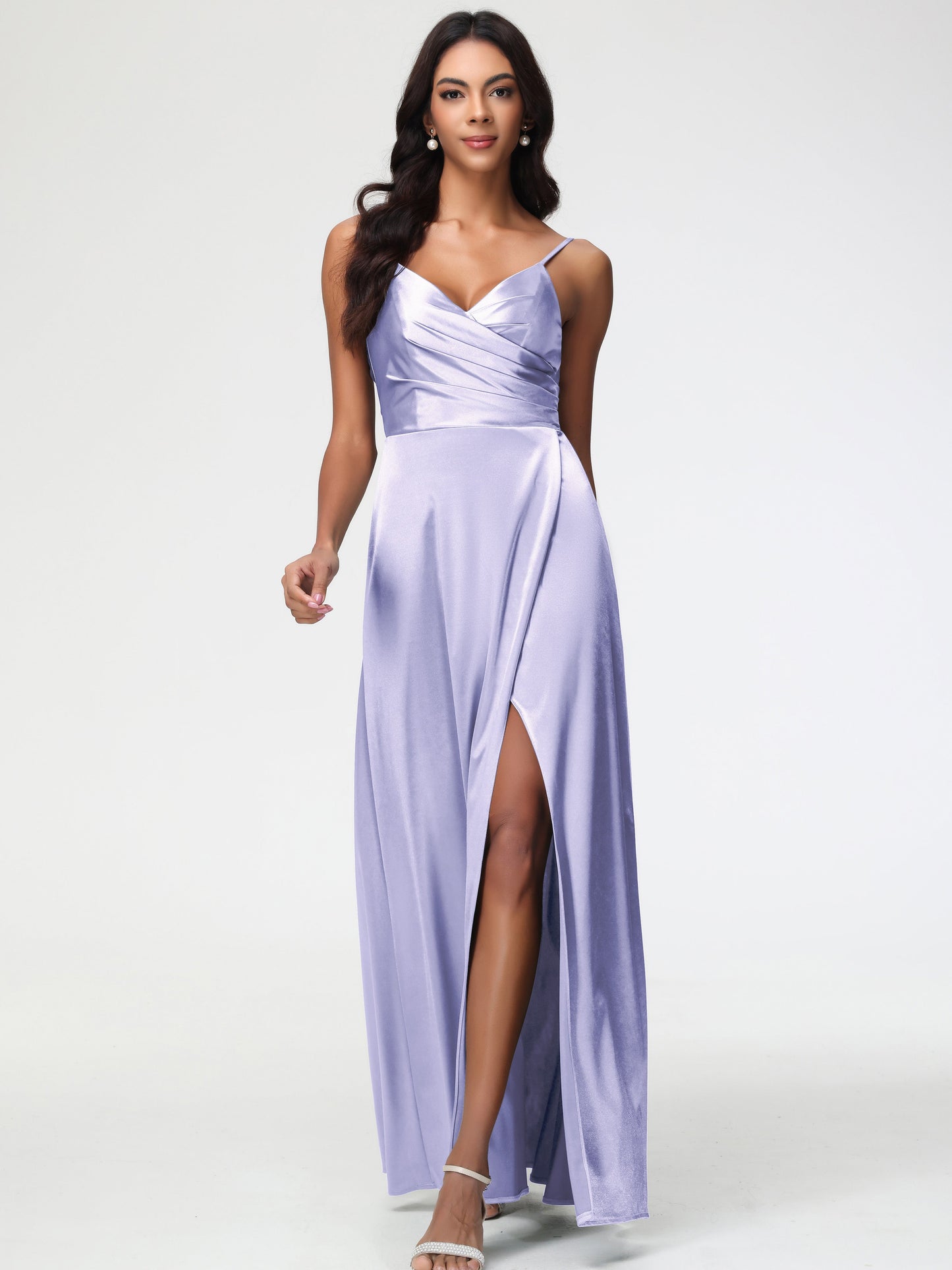 Lavender Dress For Bridesmaid Spaghetti Straps Pleated Sleeveless V-Neck Long Stretch Satin Bridesmaid Dresses