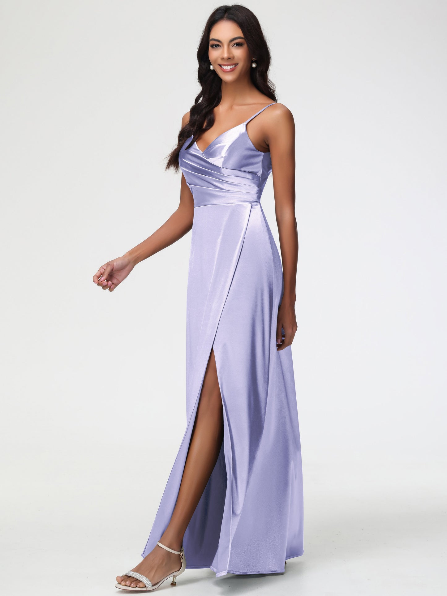 Lavender Dress For Bridesmaid Spaghetti Straps Pleated Sleeveless V-Neck Long Stretch Satin Bridesmaid Dresses