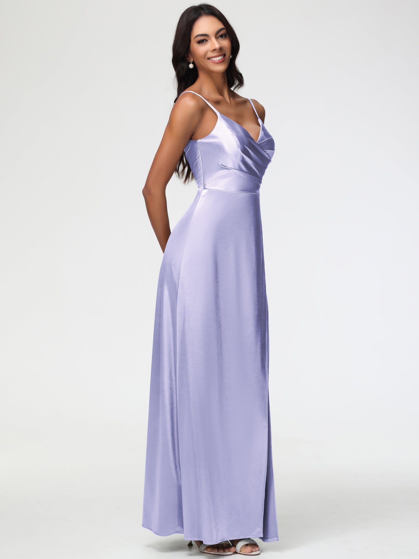 Lavender Dress For Bridesmaid Spaghetti Straps Pleated Sleeveless V-Neck Long Stretch Satin Bridesmaid Dresses