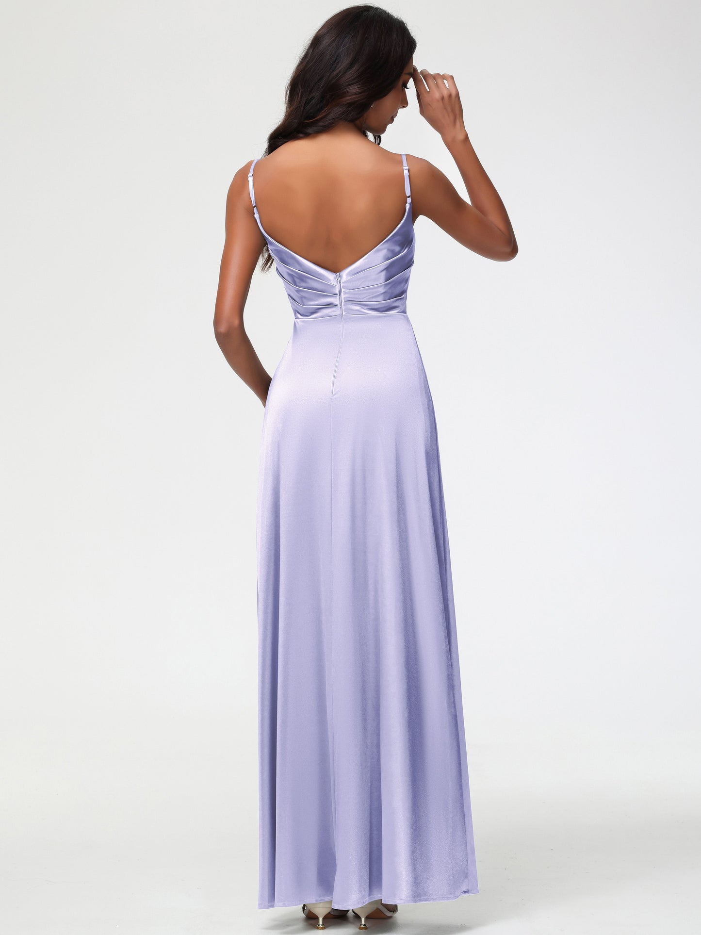 Lavender Dress For Bridesmaid Spaghetti Straps Pleated Sleeveless V-Neck Long Stretch Satin Bridesmaid Dresses