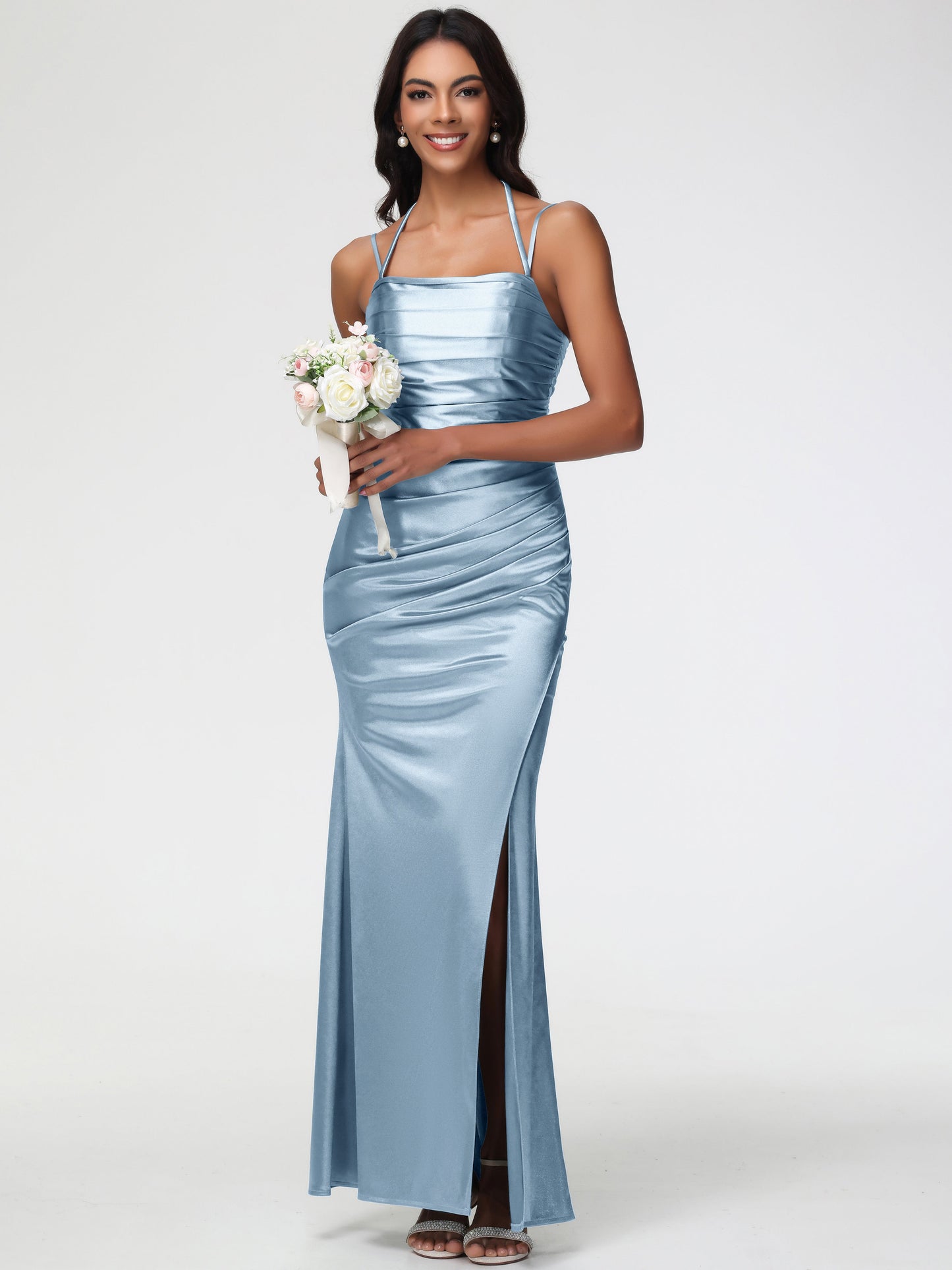 Dusty Blue Bridesmaids Dresses Mermaid Stretch Satin Ruched Spaghetti Straps Lace-Up Back Bridesmaid Dress