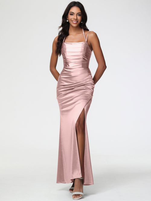 Dusty Rose Dress Bridesmaid Mermaid Stretch Satin Ruched Spaghetti Straps Lace-Up Back Bridesmaid Dress