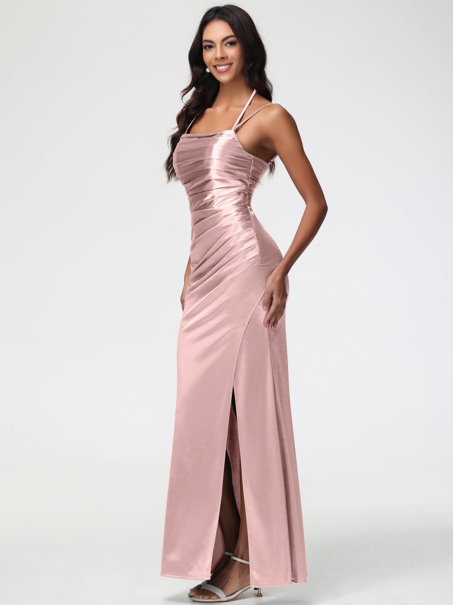 Dusty Rose Dress Bridesmaid Mermaid Stretch Satin Ruched Spaghetti Straps Lace-Up Back Bridesmaid Dress