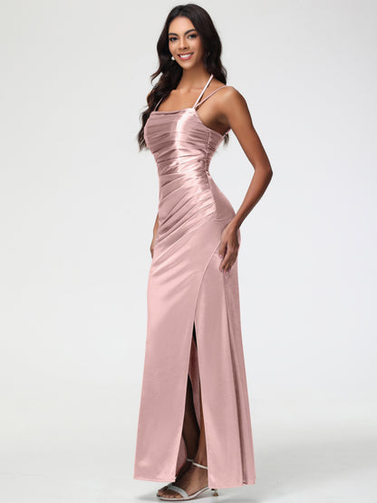 Dusty Rose Dress Bridesmaid Mermaid Stretch Satin Ruched Spaghetti Straps Lace-Up Back Bridesmaid Dress