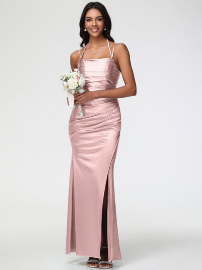 Dusty Rose Dress Bridesmaid Mermaid Stretch Satin Ruched Spaghetti Straps Lace-Up Back Bridesmaid Dress