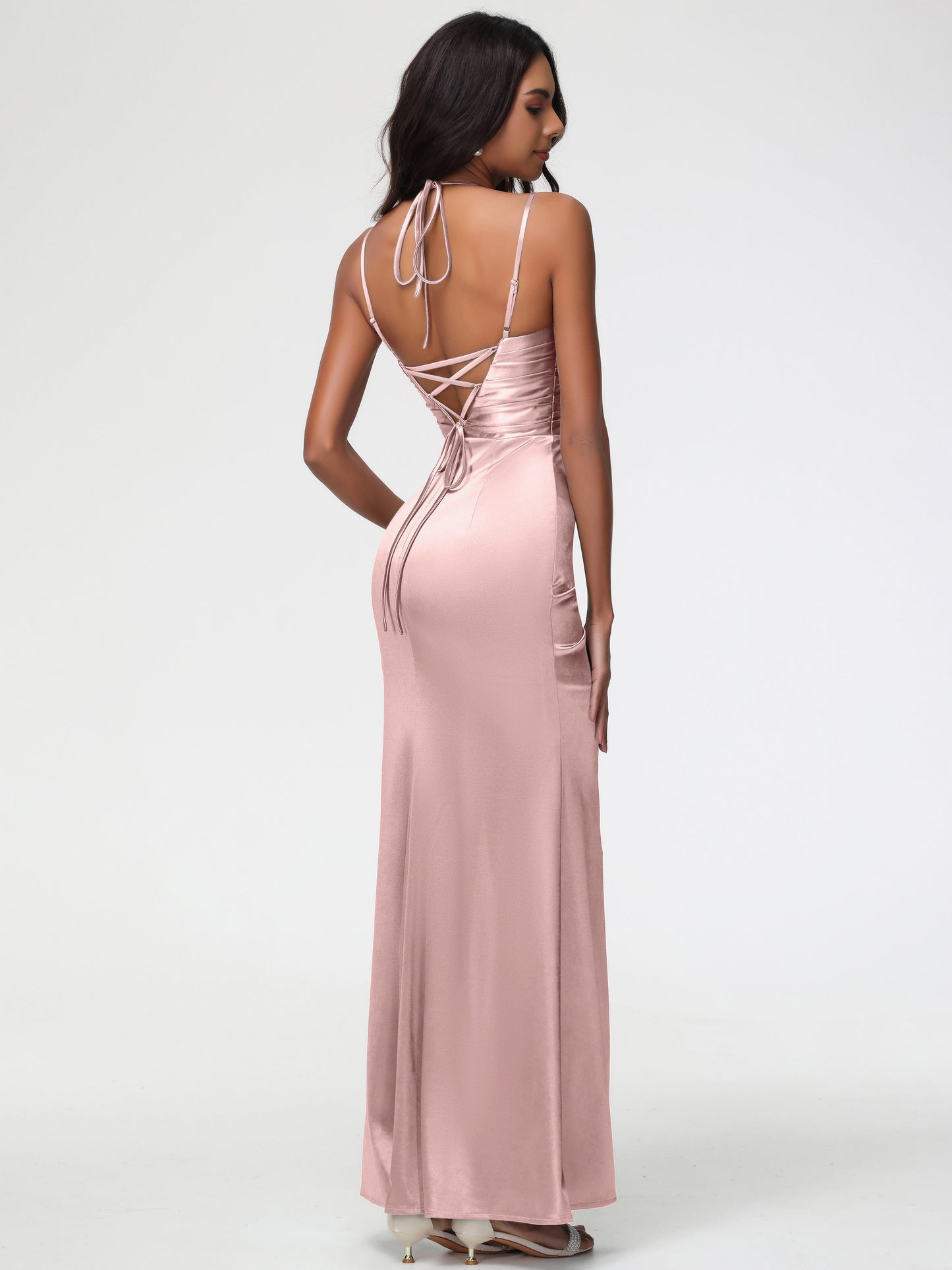 Dusty Rose Dress Bridesmaid Mermaid Stretch Satin Ruched Spaghetti Straps Lace-Up Back Bridesmaid Dress