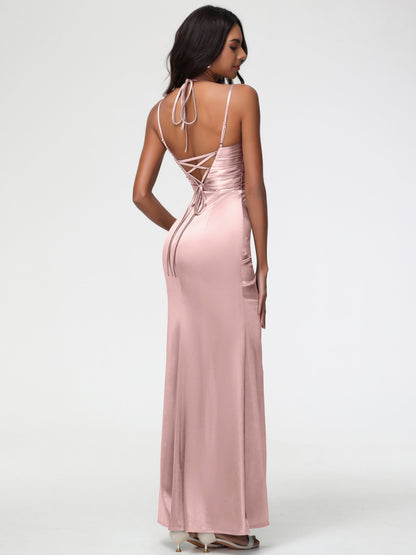 Dusty Rose Dress Bridesmaid Mermaid Stretch Satin Ruched Spaghetti Straps Lace-Up Back Bridesmaid Dress