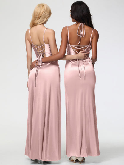 Dusty Rose Dress Bridesmaid Mermaid Stretch Satin Ruched Spaghetti Straps Lace-Up Back Bridesmaid Dress