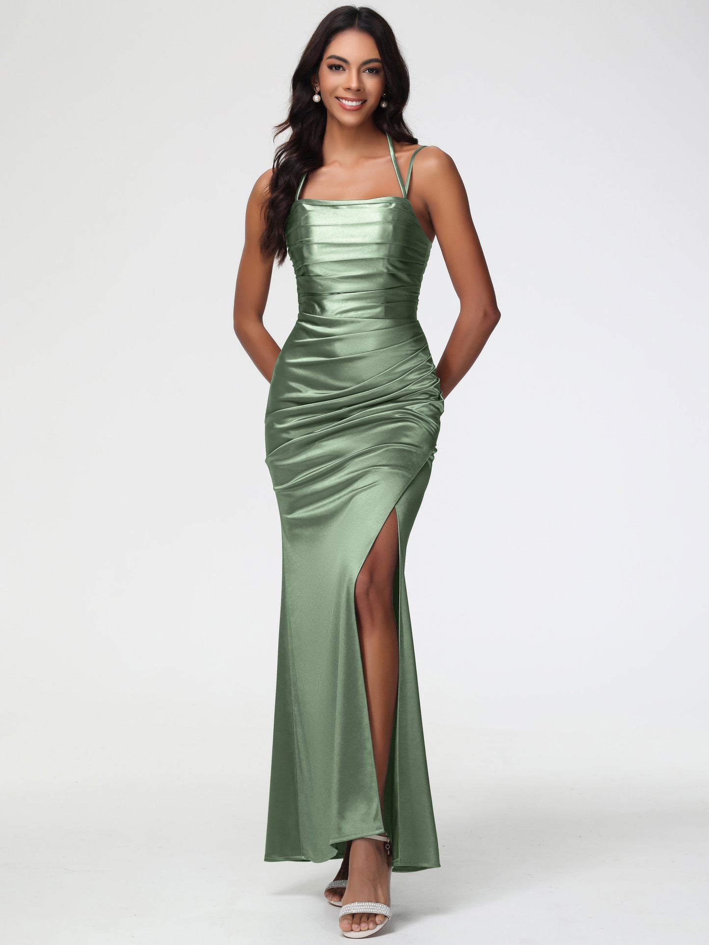 Dusty Sage Satin Bridesmaid Dresses Mermaid Stretch Satin Ruched Spaghetti Straps Lace-Up Back Bridesmaid Dress