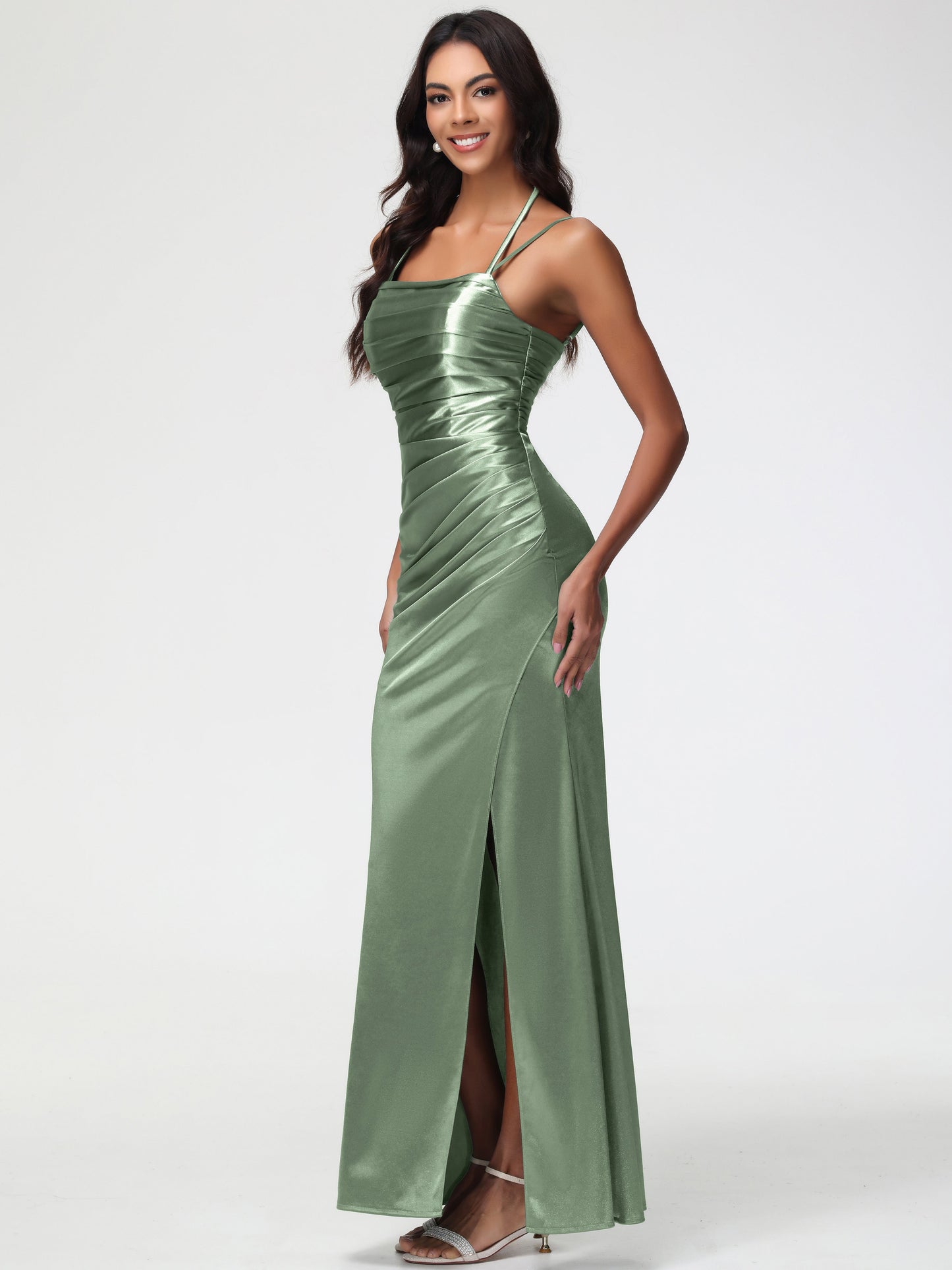 Dusty Sage Satin Bridesmaid Dresses Mermaid Stretch Satin Ruched Spaghetti Straps Lace-Up Back Bridesmaid Dress
