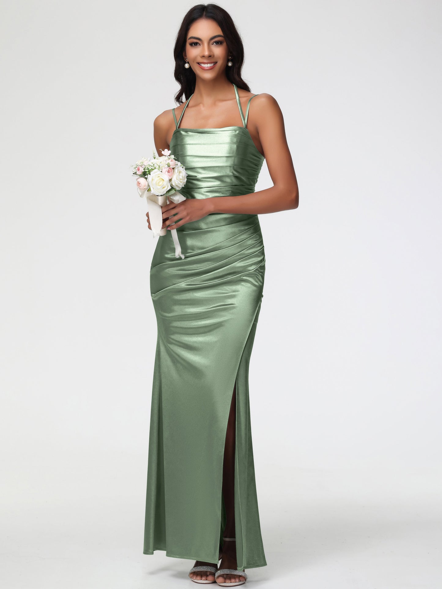 Dusty Sage Satin Bridesmaid Dresses Mermaid Stretch Satin Ruched Spaghetti Straps Lace-Up Back Bridesmaid Dress