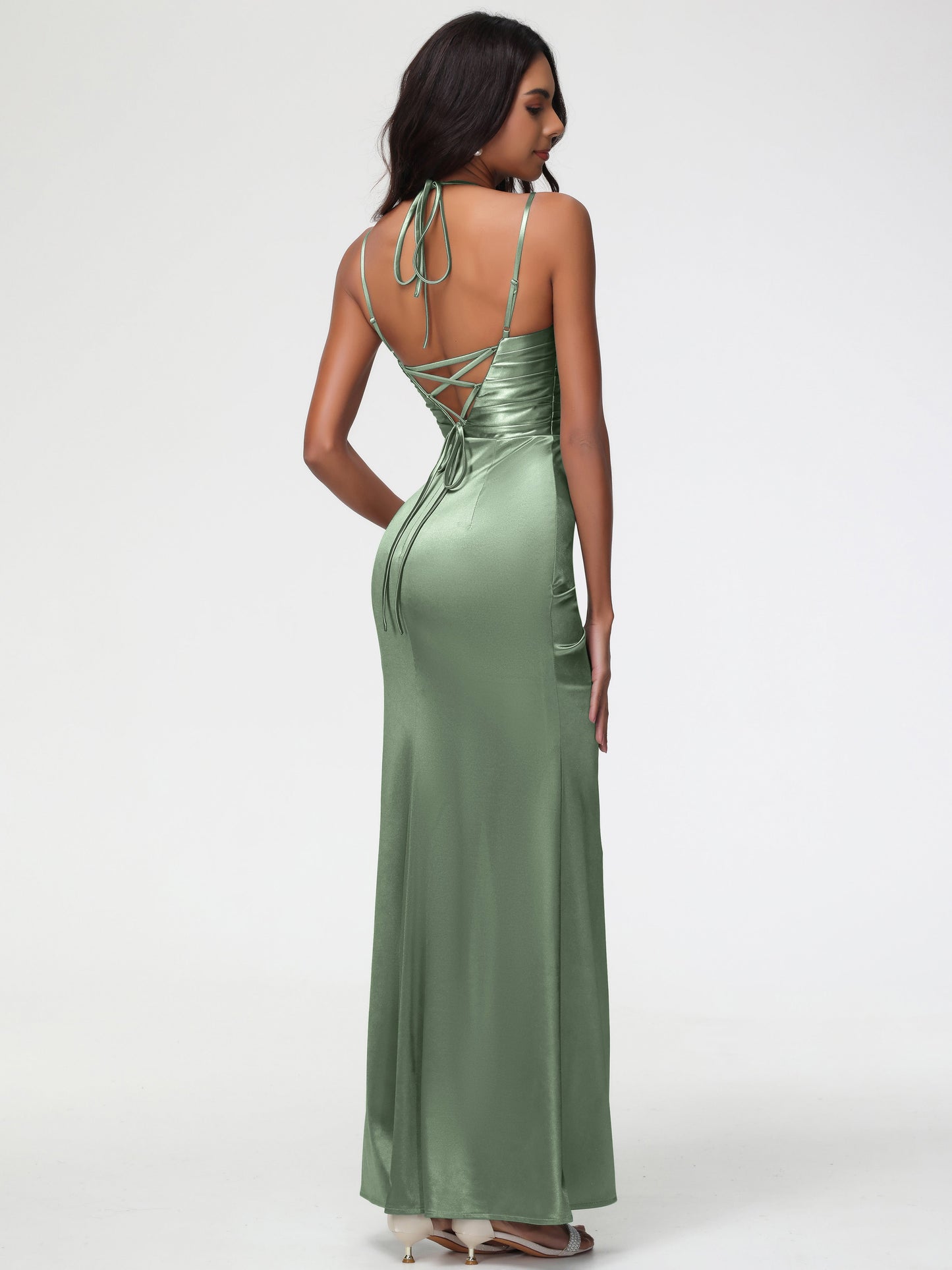 Dusty Sage Satin Bridesmaid Dresses Mermaid Stretch Satin Ruched Spaghetti Straps Lace-Up Back Bridesmaid Dress