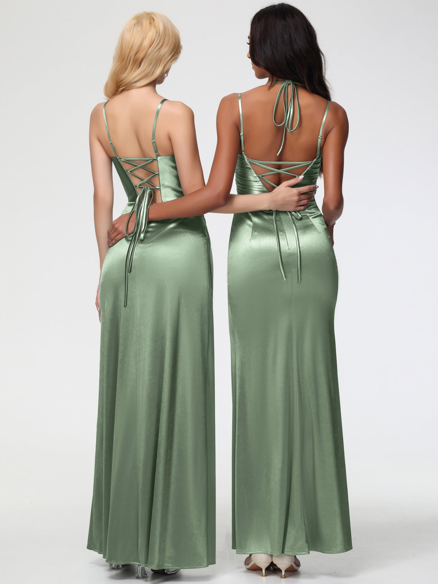 Dusty Sage Satin Bridesmaid Dresses Mermaid Stretch Satin Ruched Spaghetti Straps Lace-Up Back Bridesmaid Dress
