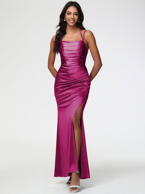 Fuchsia Mermaid Bridesmaid Dresses Mermaid Stretch Satin Ruched Spaghetti Straps Lace-Up Back Bridesmaid Dress