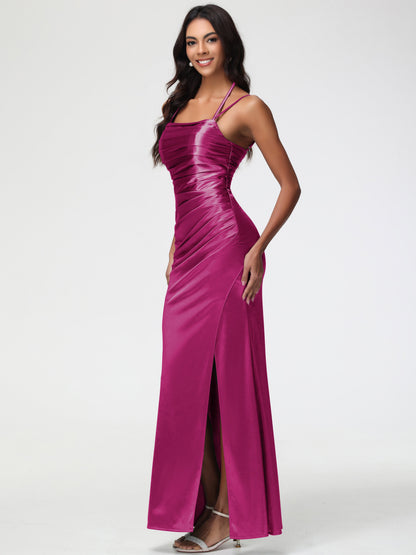 Fuchsia Mermaid Bridesmaid Dresses Mermaid Stretch Satin Ruched Spaghetti Straps Lace-Up Back Bridesmaid Dress