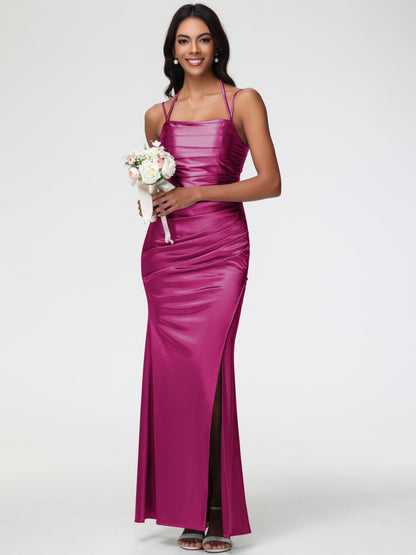 Fuchsia Mermaid Bridesmaid Dresses Mermaid Stretch Satin Ruched Spaghetti Straps Lace-Up Back Bridesmaid Dress