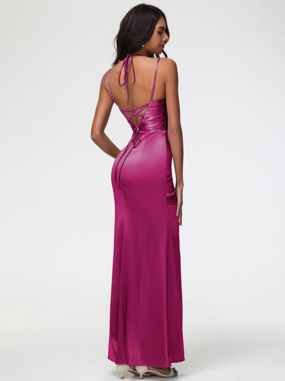 Fuchsia Mermaid Bridesmaid Dresses Mermaid Stretch Satin Ruched Spaghetti Straps Lace-Up Back Bridesmaid Dress