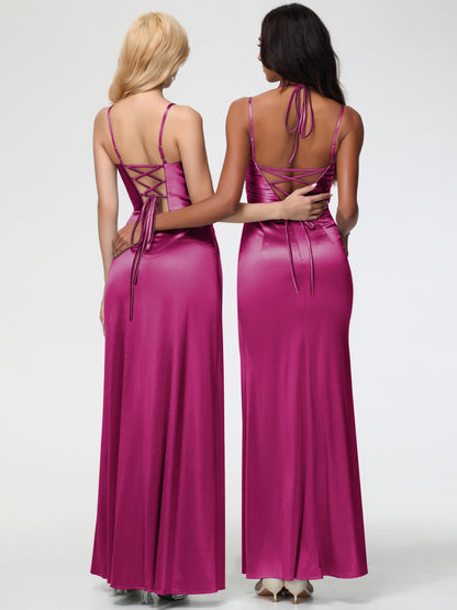 Fuchsia Mermaid Bridesmaid Dresses Mermaid Stretch Satin Ruched Spaghetti Straps Lace-Up Back Bridesmaid Dress