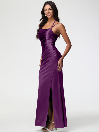Grape Color Bridesmaid Dresses Mermaid Stretch Satin Ruched Spaghetti Straps Lace-Up Back Bridesmaid Dress