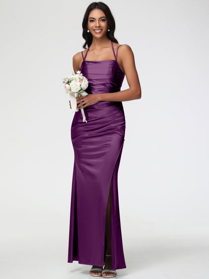 Grape Color Bridesmaid Dresses Mermaid Stretch Satin Ruched Spaghetti Straps Lace-Up Back Bridesmaid Dress
