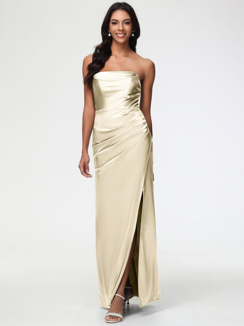 Bridesmaids Champagne Dresses Strapless Sheath/Column Pleats Stretch Satin Bridesmaid Dress With Slit