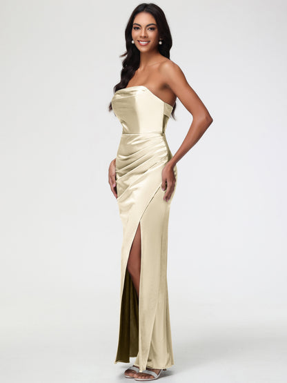 Bridesmaids Champagne Dresses Strapless Sheath/Column Pleats Stretch Satin Bridesmaid Dress With Slit