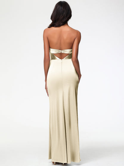 Bridesmaids Champagne Dresses Strapless Sheath/Column Pleats Stretch Satin Bridesmaid Dress With Slit