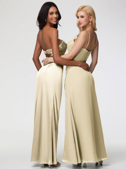 Bridesmaids Champagne Dresses Strapless Sheath/Column Pleats Stretch Satin Bridesmaid Dress With Slit