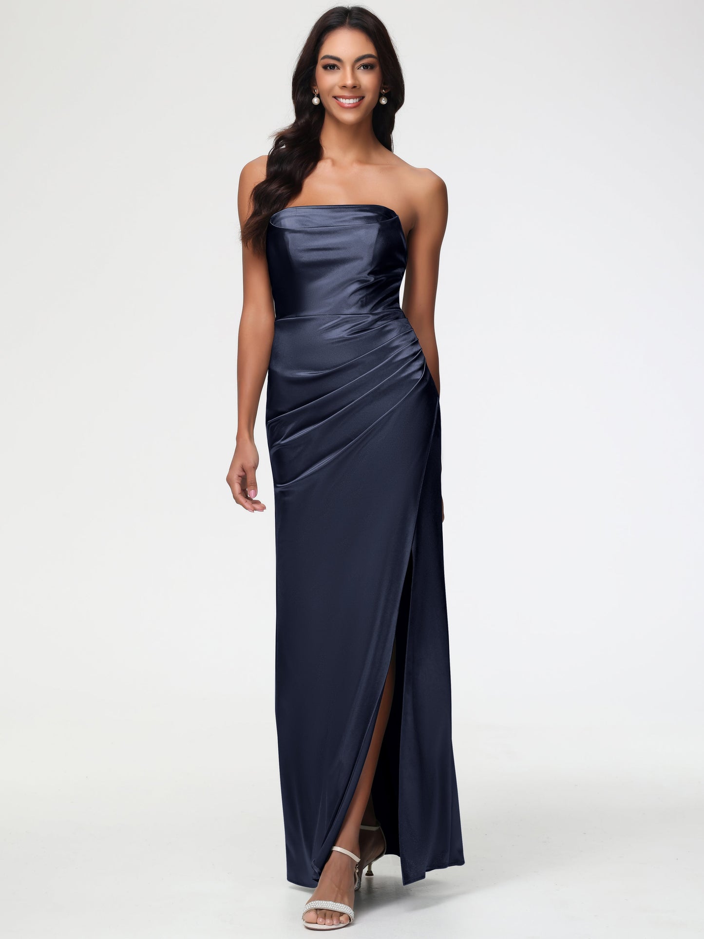 Dark Navy Bridesmaid Dresses Strapless Sheath/Column Pleats Stretch Satin Bridesmaid Dress With Slit