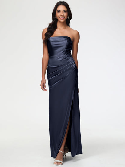 Dark Navy Bridesmaid Dresses Strapless Sheath/Column Pleats Stretch Satin Bridesmaid Dress With Slit