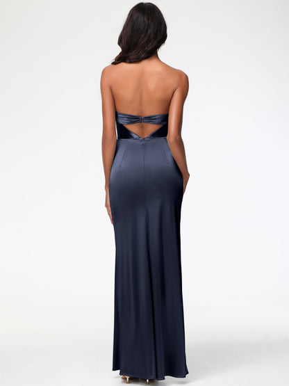 Dark Navy Bridesmaid Dresses Strapless Sheath/Column Pleats Stretch Satin Bridesmaid Dress With Slit