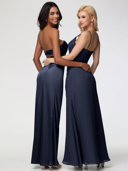 Dark Navy Bridesmaid Dresses Strapless Sheath/Column Pleats Stretch Satin Bridesmaid Dress With Slit