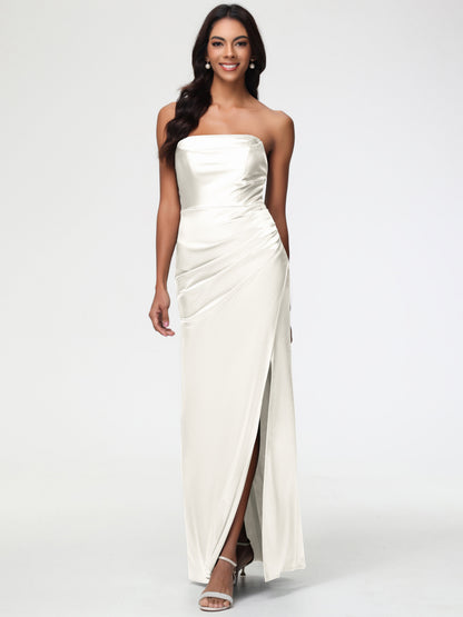 Bridesmaids In Ivory Strapless Sheath/Column Pleats Stretch Satin Bridesmaid Dress With Slit