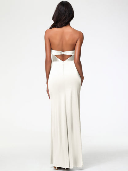 Bridesmaids In Ivory Strapless Sheath/Column Pleats Stretch Satin Bridesmaid Dress With Slit