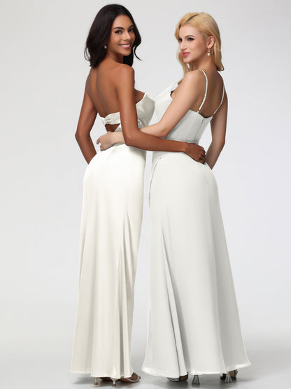 Bridesmaids In Ivory Strapless Sheath/Column Pleats Stretch Satin Bridesmaid Dress With Slit