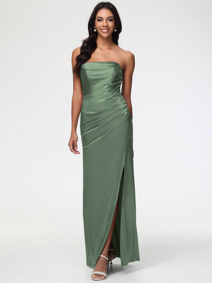 Bridesmaid Olive Green Dress Strapless Sheath/Column Pleats Stretch Satin Bridesmaid Dress With Slit