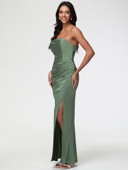 Bridesmaid Olive Green Dress Strapless Sheath/Column Pleats Stretch Satin Bridesmaid Dress With Slit