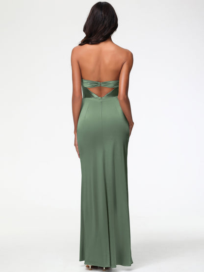 Bridesmaid Olive Green Dress Strapless Sheath/Column Pleats Stretch Satin Bridesmaid Dress With Slit