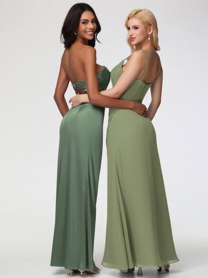Bridesmaid Olive Green Dress Strapless Sheath/Column Pleats Stretch Satin Bridesmaid Dress With Slit