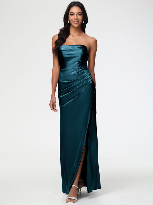 Bridesmaid Dresses Peacock Strapless Sheath/Column Pleats Stretch Satin Bridesmaid Dress With Slit