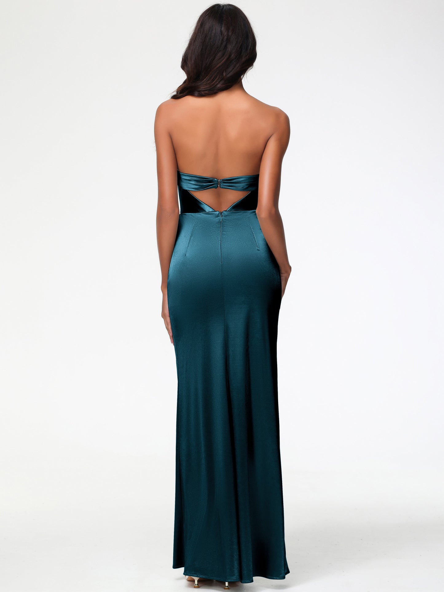 Bridesmaid Dresses Peacock Strapless Sheath/Column Pleats Stretch Satin Bridesmaid Dress With Slit