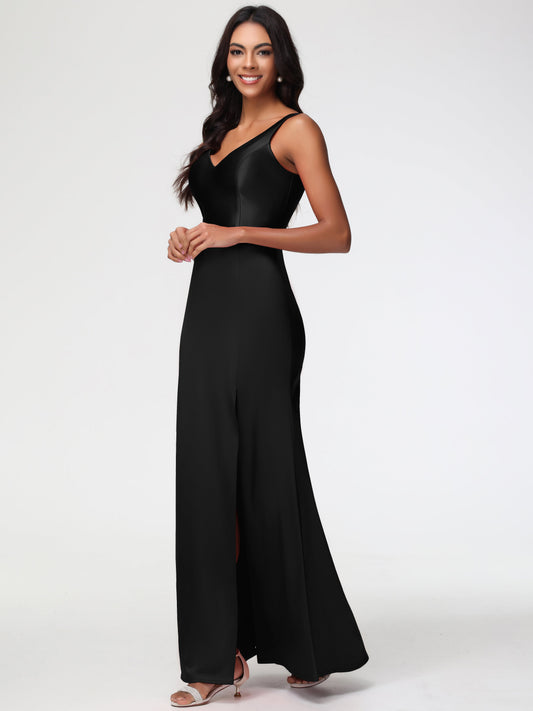 Black Long Bridesmaid Dresses Elegant Sleeveless Sheath/Column V-Neck Floor Length Stretch Satin Bridesmaid Dress
