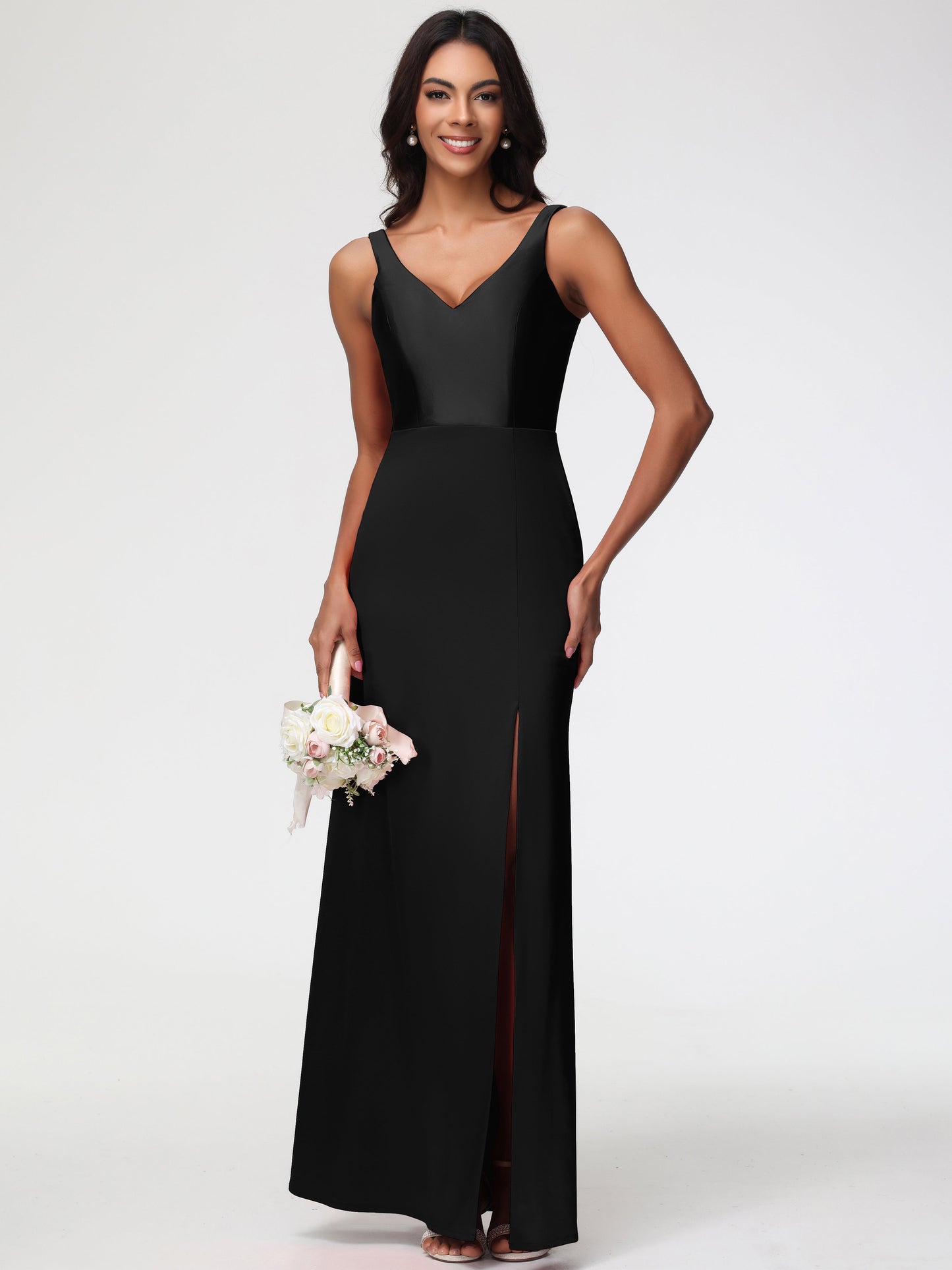 Black Long Bridesmaid Dresses Elegant Sleeveless Sheath/Column V-Neck Floor Length Stretch Satin Bridesmaid Dress