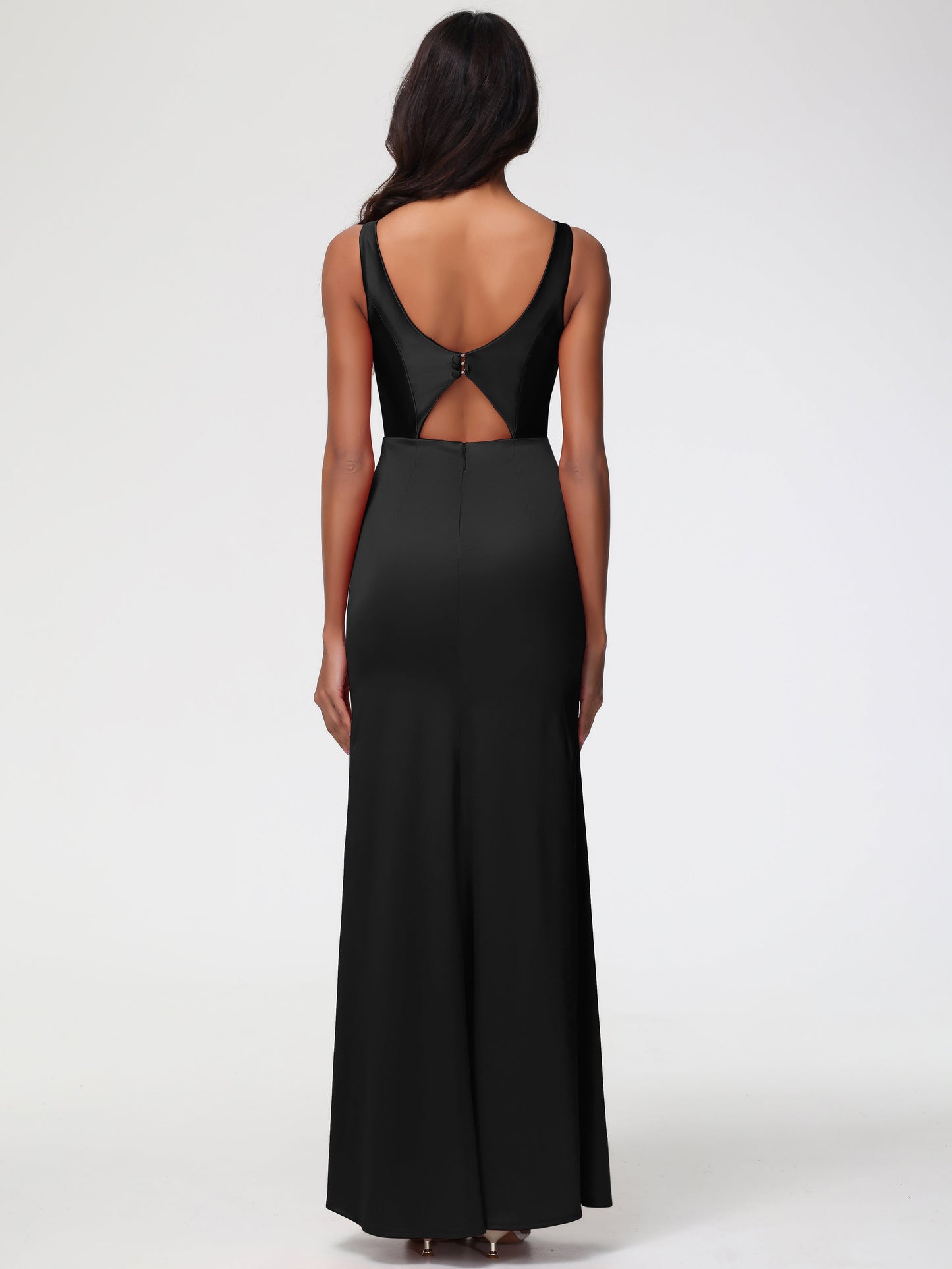 Black Long Bridesmaid Dresses Elegant Sleeveless Sheath/Column V-Neck Floor Length Stretch Satin Bridesmaid Dress