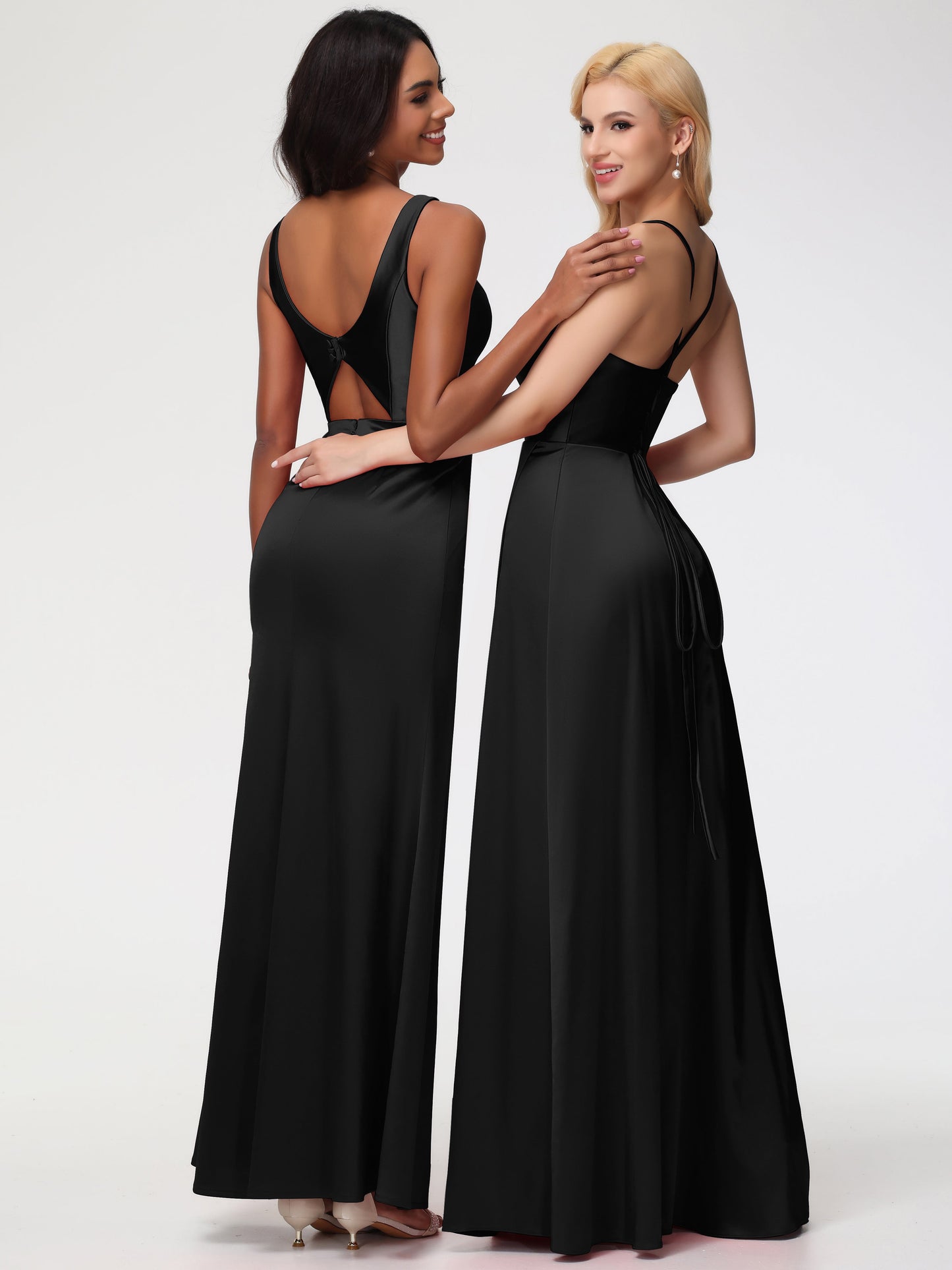 Black Long Bridesmaid Dresses Elegant Sleeveless Sheath/Column V-Neck Floor Length Stretch Satin Bridesmaid Dress